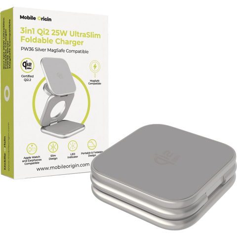 Mobile Origin 3in1 Qi2 25W UltraSlim Foldable Charger PW36 MagSafe Compatible Silver