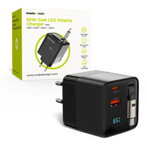 Mobile Origin 65W GaN Display Charger PW2 - USB-C Self-Retracting Cable + USB-C + USB-A
