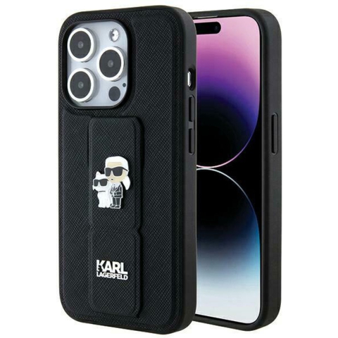 Karl Lagerfeld Gripstand Saffiano Karl&Choupette Pins case for iPhone 14 Pro - black