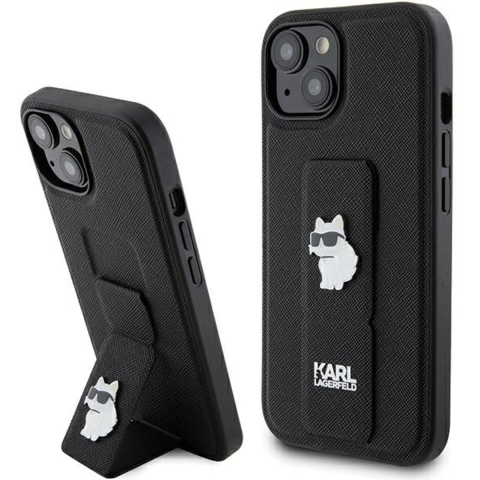 Karl Lagerfeld Gripstand Saffiano Choupette Pins case for iPhone 15 - black