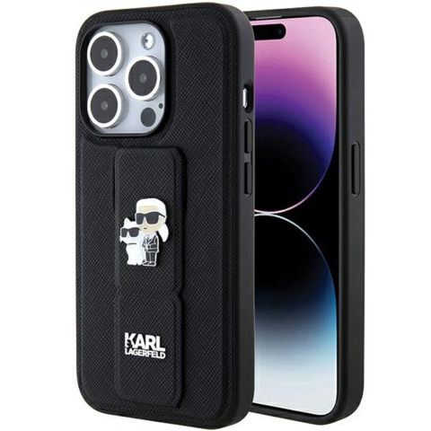 Karl Lagerfeld Gripstand Saffiano Karl&Choupette Pins case for iPhone 15 Pro - black