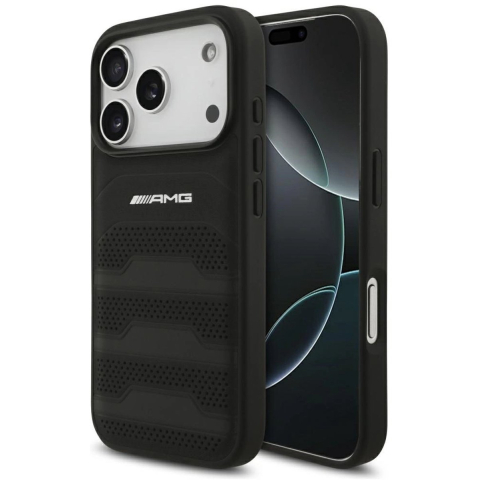 Mercedes AMG Leather Debossed Lines Logo Case for iPhone 17 Pro - Black