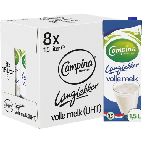 Campina langlekker - volle melk - houdbaar - 8 x 1,5 l - voordeelverpakking