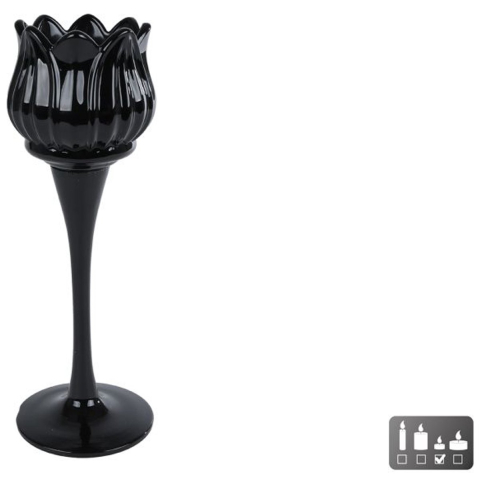 CosyDecor Theelichthouder tulip zwart glas 7x7x22cm