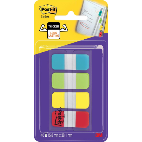 Post-it index strong, ft 15,8 x 38,1 mm, blister met 4 kleuren, 10 tabs per kleur