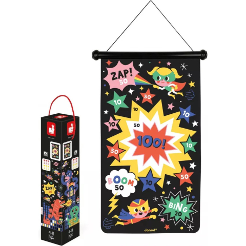 Janod - spel - dartspel superhelden - dubbelzijdig magnetisch dartbord