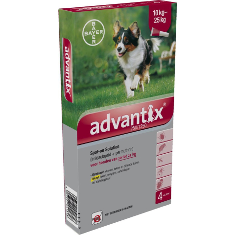 Advantix® 250/1250 Spot-On Solution voor Honden 10 - 25 kg - 4 Pipetten x 2,5 ml - BE