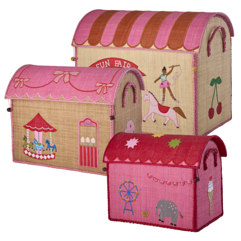 Rice - Raffia Toy Baskets with Fun Fair Theme - Pink - Set of 3