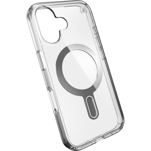 Speck Presidio Perfect-Clear ClickLock & MagSafe - iPhone 16 Case - Clear / Chrome Finish / Serene Silver