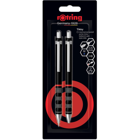 Rotring Tikky Mechanical Pencil & Ballpoint Set | HB Lead 0.5 mm Pencil | Medium Point Pen | Black Barrel
