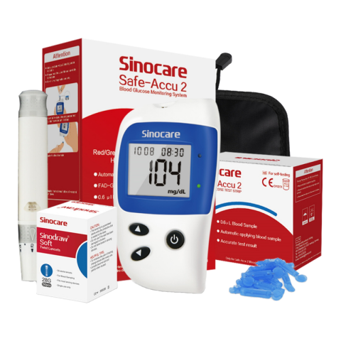 Sinocare Safe-Accu2 Bloedsuikermeter Bloedsuikersensor Glucometer Kit met 50 Ppsc Diabetesteststrips Transparante mmol Versie