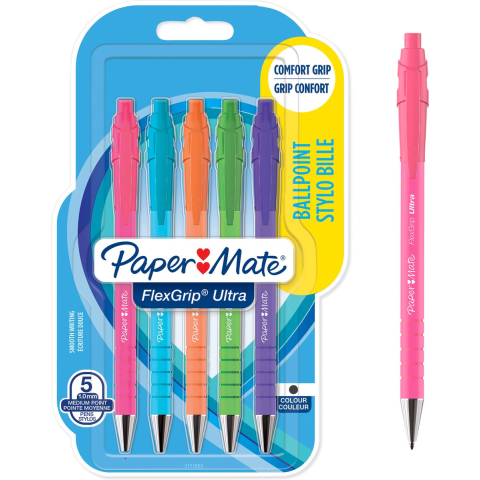 Paper Mate Flexgrip Ultra Brights Retractable Ballpen M Black 5-Blister