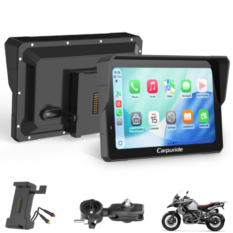 CARPURIDE Motorfiets Carplay-scherm met BM05-houder voor Plug-and-Play, Draadloze CarPlay & Android Auto, 7" Waterdicht Touchscreen, Intercom-functie, Dual Bluetooth, Bedrade Controller, Navi