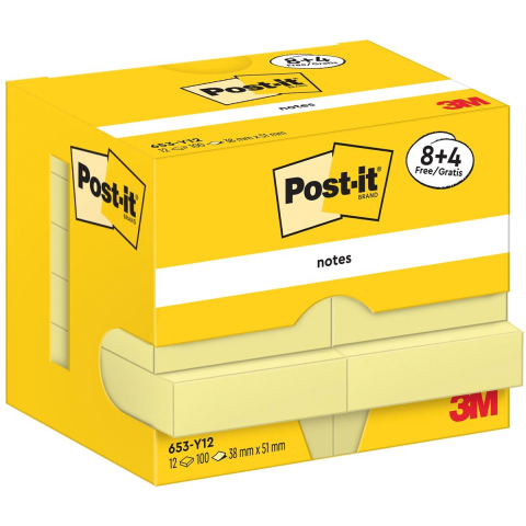 Post-it notes | 100 vel | ft 38 x 51 mm | geel | 8 + 4 gratis