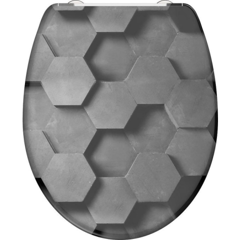 SCHÜTTE WC-Bril 82392 GREY HEXAGONS - Duroplast - Soft Close - Afklikbaar - RVS-Scharnieren - Decor - 3-zijdige Print