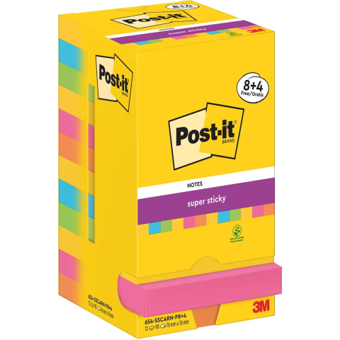 Post-it Super Sticky Notes vierkant 76 x 76 mm blanco assortiment 654-SSCARN-P8/+4 90 12 stuks à 90 vellen (8+4 gratis)