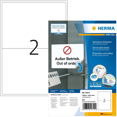 HERMA Etiketten 10314 Klevend A4 Wit 19,96 x 14,35 cm 100 Vellen à 2 Etiketten