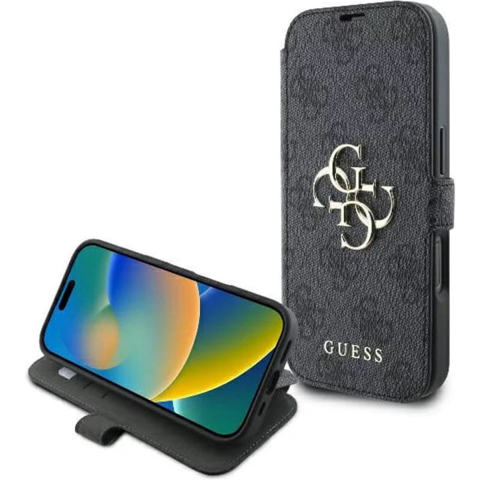 Hoes voor Apple iPhone 16 Pro, Guess, 4G Book, Zwart