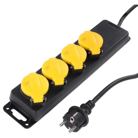 Stekkerdoos voor buiten- 4-voudig - Randaarde - Spatwaterdicht - 3 x 1.5 mm2 Neopreen kabel - 3 meter - Zwart