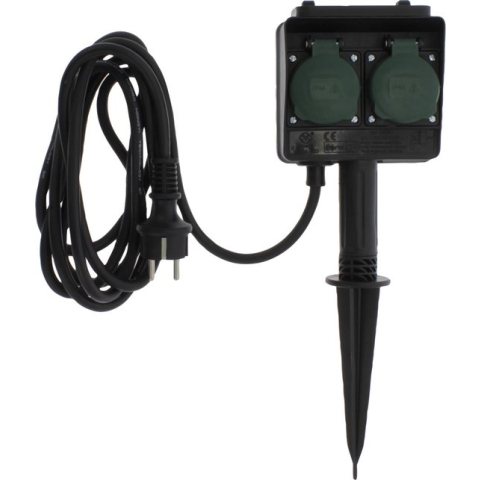 Q-Link Stekkerdoos Buiten - Dubbele Stekkerdoos op Spie - Tuincontactdoos met Klepjes - Tuinpaal - Randaarde - 3 meter kabel - H05RRF - 3500W - 3 x 1.5 mm² - zwart