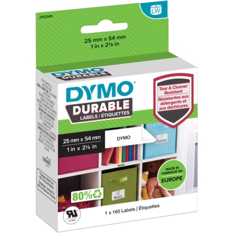 DYMO originele Duurzame LabelWriter labels | 25 mm x 54 mm | Witte Poly | 160 zelfklevende etiketten | Stevige labels voor de LabelWriter labelprinters