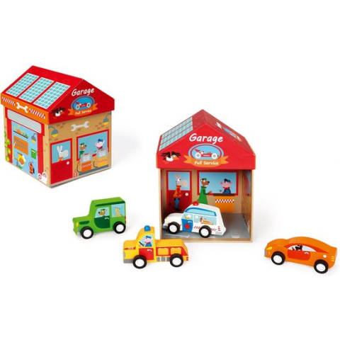 Scratch Mix+Play: SPEELDOOS GARAGE 2-in-1 15.5x15.5x17cm, bevat 4 auto's in hout, in karton en hout, in opbergdoos, 2+