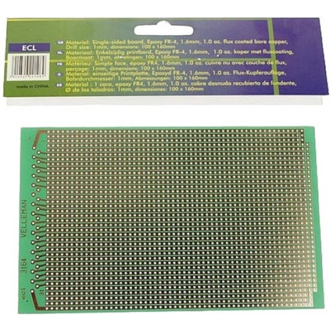 Velleman Eurocard, 100 x 160 mm, type volle lijn, enkelzijdig, eurodin DIN41612 en DIN41617, set van 25 stuks, epoxy FR-4, groen