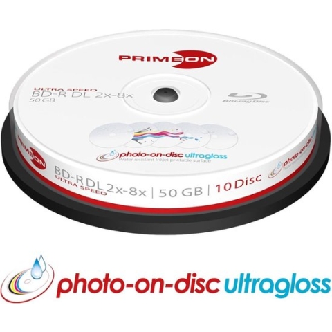 Primeon BD-R DL 50GB/2-8x Cakebox (10 Disc) GLOSSY WATERPROOF Printable