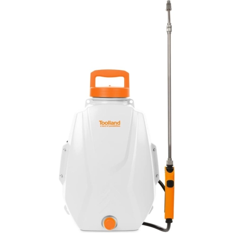 Toolland Rugspuit, elektrisch, herlaadbare batterij, telescopische lans, regelbare sproeikop, gewatteerde schouderriemen, 12 liter, wit/oranje/zwart