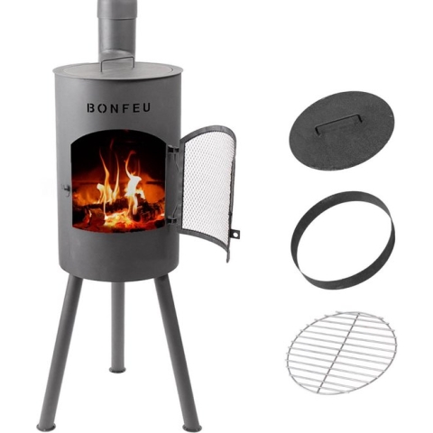 BonFeu BonGiano SP Tuinhaard Zwart Staal - Houtkachel met Grill - Buitenkoken - Tuinkachel voor Sfeervolle Avonden - 30x30x142 cm