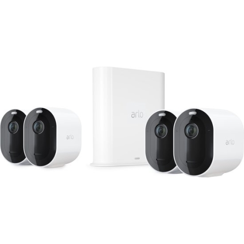 Arlo Pro 3 draadloze WiFi-beveiligingscamera voor buiten, 2K HDR, 160˚ kleurennachtzicht, sirene & spotlight, bewegingsdetectie, 2-weg-audio, 6 mnd batterij, incl. proefp. Arlo Secure, 4 IP-Camera's incl. Smart Hub (lokale opslag), wit