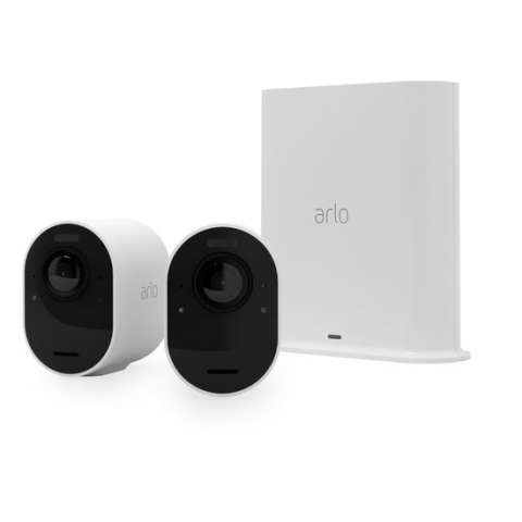 Arlo Ultra 2 draadloze WiFi-beveiligingscamera voor buiten, 4K UHD, 180˚ kleurennachtzicht, sirene & spotlight, bewegingsdetectie, 2-weg-audio, 6 mnd batterij, lokale opslag (SD-kaart), incl. proefp. Arlo Secure, 2 IP-Camera's + Smart Hub, wit