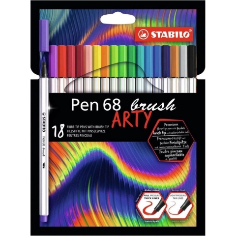 STABILO Pen 68 - Premium Brush Viltstift - Met Flexibele Penseelpunt - ARTY Etui Met 18 Verschillende Kleuren