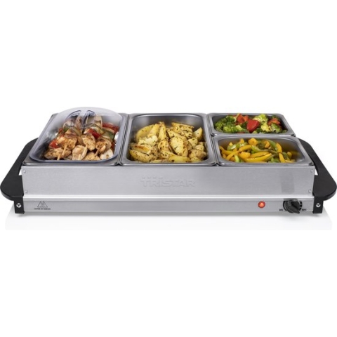 Tristar Buffetwarmer XL BP-6285 - Buffet Serveerder en Warmhoudplaat - 2 x 2.4 liter en 2 x 1 liter - Warmhoudfunctie - Inclusief deksel - RVS