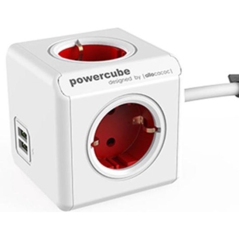 DesignNest PowerCube Extended DUO USB - 1,5 meter kabel - wit/rood- 4 stopcontacten - 2 USB laders - Type F - stekkerdoos - stekkerblok - telefoonlader - oplader