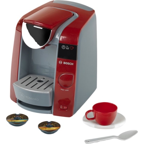 Klein Toys Bosch Tassimo koffiemachine - 20x16x20 cm - espressoset en 2 koffiepads - incl. waterreservoir en geluidseffecten - rood grijs