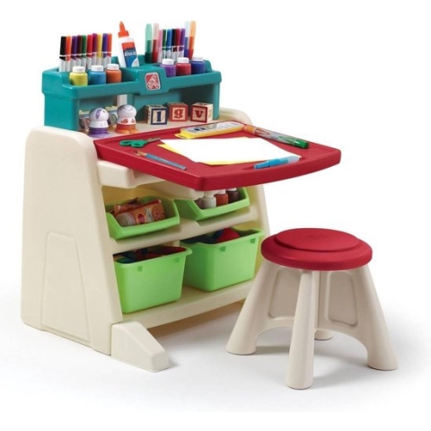 Step2 Flip & Doodle Easel Bureau met stoel voor kinderen - 2-in-1 kinderbureau en schildersezel van plastic / kunststof - Knutseltafel met opbergruimte