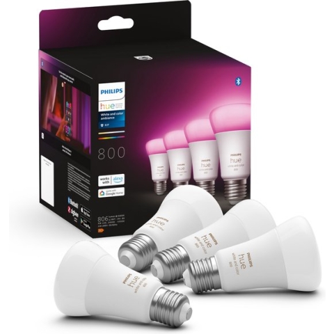 Philips Hue lampen - wit en gekleurd licht - LED - E27 - 6,5W - 806 Lumen - 4 stuks