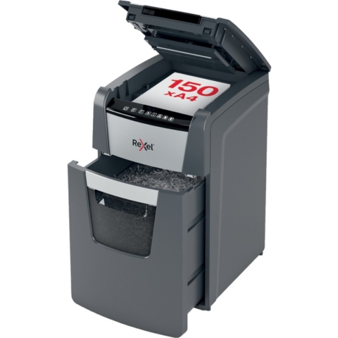 Rexel Optimum AutoFeed+150M Fluisterstille Papierversnipperaar P-5 Micro voor Thuiskantoor/Thuiswerkplek - Invoer tot 150 Vellen - Zwart