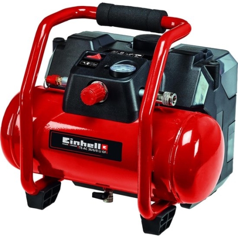 Einhell Accu Compressor TE-AC 36/6/8 Li OF Set Solo - Power X-Change - 36 V/Li-Ion - 16.000 t/min - Tank: 6 L - Max. Werkdruk: 8 bar - Aanzuigcapaciteit: 130 l/min - Olievrij - Incl. 11-delige adapterset - Excl. accu en lader