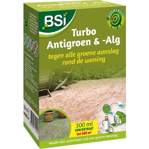 BSI - Turbo Antigroen & Alg Concentraat - Tegen Groene aanslag en korstmossen rond de woning - 300 ml voor 600 m²