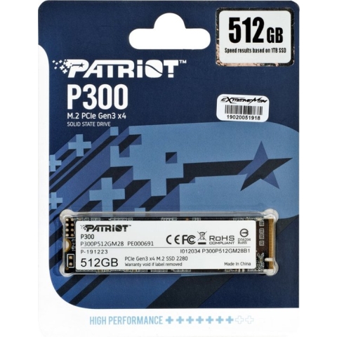 Patriot P300P512GM28 P300 SSD, 512GB, M.2 2280, PCIe NVMe Gen3 x 4, 1700/1100 MB"s, 290K IOPS, 2W