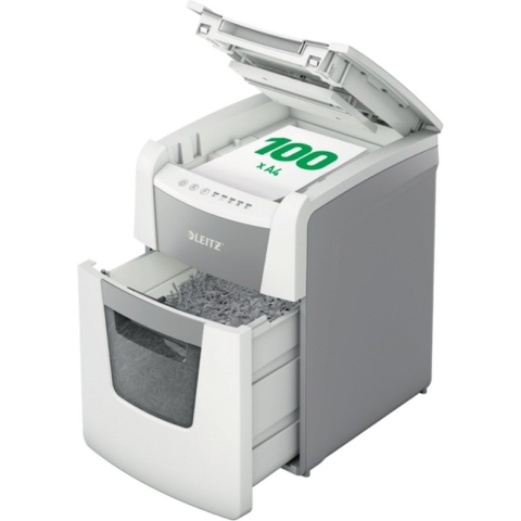 Leitz IQ Autofeed 100 Stille Papierversnipperaar P-5 Micro voor Thuiskantoor/Thuiswerkplek  - Invoer tot 100 A4 Vellen - Wit