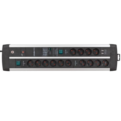 Brennenstuhl Premium-Protect-Line Stekkerdoos, 14-voudig, met 2x schakelaar en overspanningsbeveiliging, 3 m kabel, 2-voudig USB 3,1 A, Made in Germany, zilver/zwart