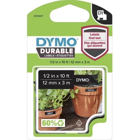 DYMO originele D1 Duurzame labels | Witte Tekst op Zwart Label | 12 mm x 3 m | zelfklevende etiketten voor de LabelManager labelprinter | gemaakt in Europa