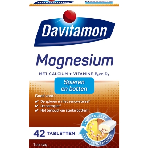 Davitamon Magnesium Tabletten – magnesium met Calcium en Vitamine D - Voor spieren en botten - Voedingssupplement - 42 magnesium tabletten