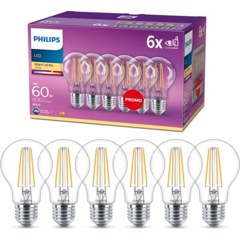 Philips energiezuinige LED Lamp Transparant - 60 W - E27 - warmwit licht - 6 stuks - Bespaar op energiekosten