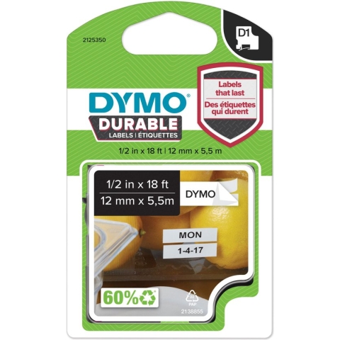 DYMO originele D1 Duurzame labels | Zwarte Tekst op Wit Label | 12 mm x 5,5 m | zelfklevende etiketten voor de LabelManager labelprinter | gemaakt in Europa
