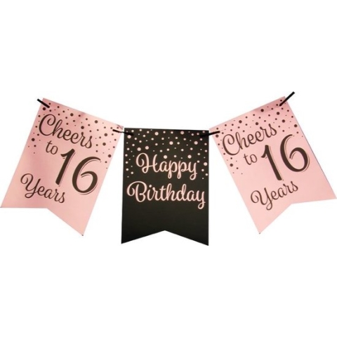 Verjaardag vlaggenlijn 16 jaar roségoud en zwart.