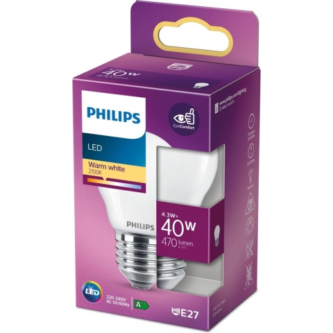 Philips LED lamp E27 Monochroom Lichtbron - Warm wit - 4,3W = 40W - Ø 4,5 cm - 1 stuk